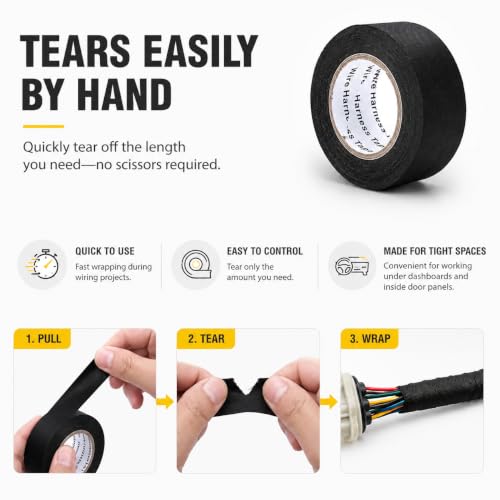 High Temp Self-Adhesive Wiring Harness Tape Durable Automotive Electrical Protection Tape Noise Damping Easy Application 1" x 50 ft 5 Rolls（19 mm x 15 m） - size: 1 in x 50 ft（5 Rolls）, style: 0.15mm-Thickness