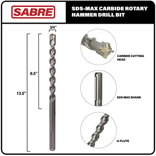 Sabre Tool 3/4 Inch x 13 Inch SDS MAX Rotary Hammer Drill Bit, U-Flute, Carbide Tipped for Brick, Stone, and Concrete, SDS MAX Drivers ONLY (3/4inches x 8.5inches x 13 - size: 3/4" x 13"