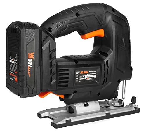 WEN Cordless Jigsaw, Brushless with Auto-Speed, 20V Max 4.0Ah Lithium Ion Battery, and Charger (20670) - size: Handheld, style: Brushless Auto-Speed