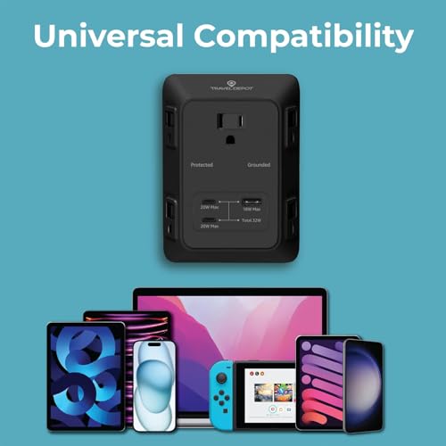 Travel Depot 5-Outlet Wall Outlet Extender with Surge Protector, (Black) | 2 USB-C PD & 1 USB-A Charging Ports, 32W Fast Charging, Multi Plug Wall Adapter, 3-Sided Design for Home & Office - color: Black