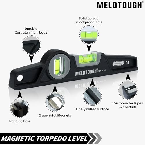 MELOTOUGH 10 Inch Die-Cast Magnetic Torpedo Level,Magnetic Level for Carpenter,Construction,Scaffolding, Plumbing Torpedo Level with Rare Earth Magnet,Pencil and Holster,Black,2PCS - color: Black-2pcs