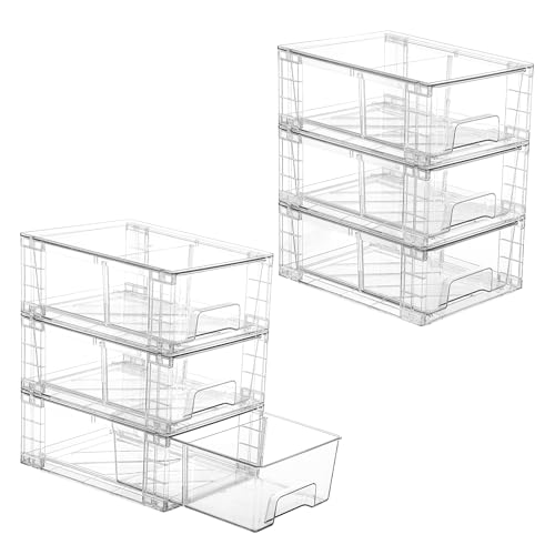 Vtopmart 6 Pack Stackable Storage Drawers,Clear Acrylic Drawer Organizers with Handles, Easily Assemble Containers for Fridge, Bathroom,Kitchen Undersink,Cabinet,Pantry Organization and Storage - size: 6Pack 4.4"H-with Dividers
