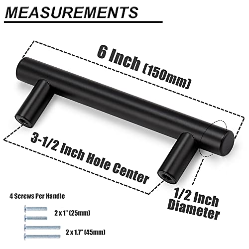 Probrico 30 Pack| 6 Inch Black Cabinet Handles with 3-1/2 Inch Hole Center Stainless Steel Cabinet Pulls Round T Bar Kitchen Cabinet Hardware Door Handles, Drawer Dresser Pulls，90mm Hole Centers - color: Black, size: hole center 3-1/2"