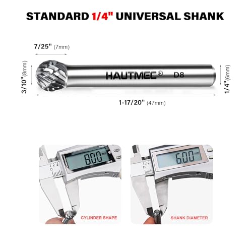 HAUTMEC Tungsten Carbide Rotary Burr Bit YG6, 1/4" Shank Double Cut Die Grinder Bit, Low Vibration Precision Rotary File for Metal Grinding, Engraving & Deburring (8MM Ball Head), HT0450 - color: Ball Head, size: 8mm