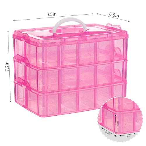 Bead Organizer 3 tier 30 grid Stackable Craft Hair Tackle Storage Pink - size: 3-Tier Pink