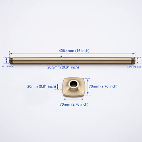 16 Inch Ceiling Mount Shower Arm and Flange, Brushed Gold,SW-91038-16BG. - color: R-angle Square Flange-16" Brushed Gold