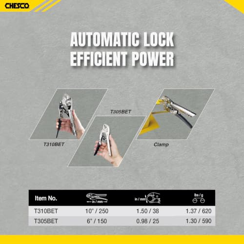 CHESCO 6" & 10" Curved Jaw 4th Gen Self-Adjusting Locking Pliers, One-Hand Auto-Lock Design, Heavy-Duty Cr-V Steel Professional Hand Tool for Automotive, Plumbing & DIY (2-Piece) - size: 6 Inch & 10 Inch