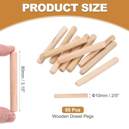 PATIKIL 95 Pcs Wood Dowel Pins 3/8" x 3" Fluted Wooden Dowels Hardwood Pegs for Woodworking Furniture DIY Crafts Projects Door Art - size: 3/8" x 3"