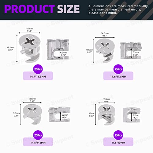 Swpeet 100Pcs 4 Sizes 3 in 1 Furniture Connecting Cam Lock Fittings Assortment Kit, Fastener Cabinet Connectors Hardware Bolts Furniture Connecting Lock Nut for Closets Bed Furniture Connecting