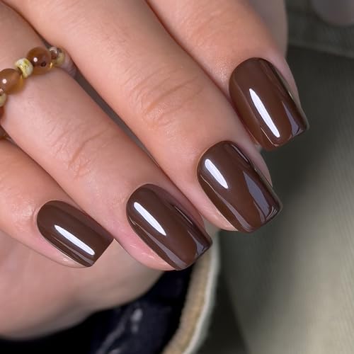 CurvLife Short Square Fall Press On Nails, Everyday Gloss Brown, Soft Gel - color: Brown Nails