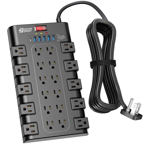 SUPERDANNY Flat Plug Power Strip Surge Protector, 6.5Ft, 22 AC 6 USB, 2100J - color: Black, size: Flat Plug - 6.5 ft