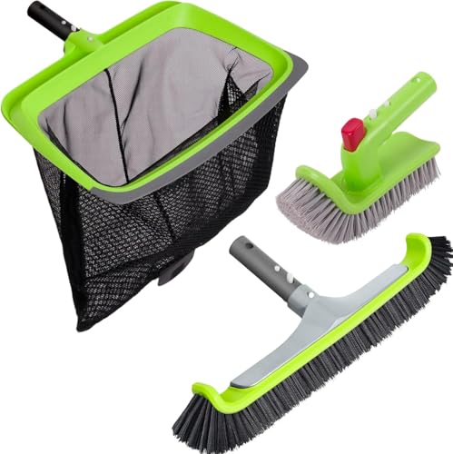 Sepetrel 3-Piece Pool Cleaning Kit (No Pole), 17.5" Aluminum Wall Brush, Leaf Skimmer Net with Rubber Edge and 90° Rotatable Scrub Brush for Above Ground Pools and Vinyl Liners - size: Rubber Edge Rake(No Pole)
