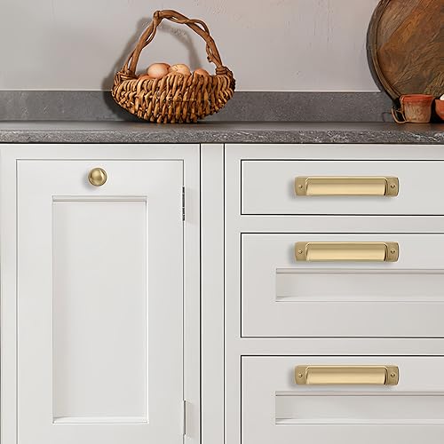 khtumeware 10 Pack 3-3/4" Drawer Pulls Brushed Brass Cabinet Cup Pulls Kitchen Hardware Brushed Gold Cabinet Handles Drawer Handles Knobs 3-3/4 inch Hole Center - color: Brushed Brass, size: Cup Pulls 3-3/4" Hole Center