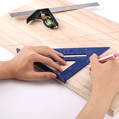 Rafter Square and 12 inch Combo Square Set,Carpentry Squares, Combination Square with Bubbles/45°/90°/180° Woodworking Square, Aluminum Carpenter Measuring Tool Kit（Blue - color: Blue