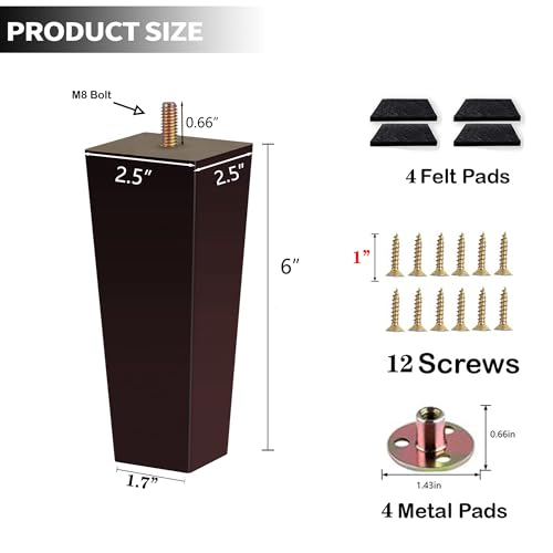 Sofa Legs Square Bed Feet 6 inch Wood Replacement Leg for Furniture Set of 4, Dark Brown （6inch） - color: 4sets, size: 6inch