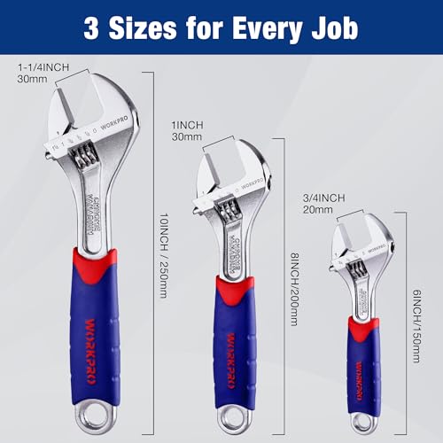 WORKPRO 3-piece Adjustable Wrench Set CR-V with Rubberized Anti-Slip Grips 10-inch, 8-inch, 6-inch