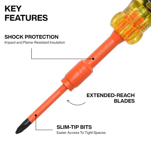 Klein Tools 32306INS 6-in-1 Insulated Multi-Bit Screwdriver, Multi-Bit Driver with Auto-Locking Collar, 1000V Rated, In-Handle Bit Storage - size: 6-in-1