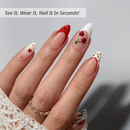BTArtbox Press On Nails, Pinky Swear, Medium Almond, Red French Tip, 30Ct - color: B-Pinky Swear