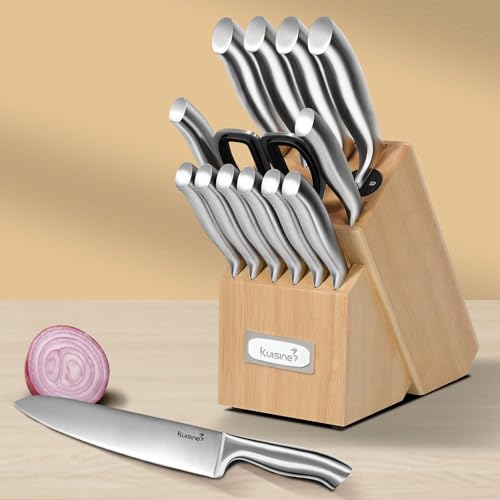 Kuisine Premium Sharp Knife Set Carbon Steel Forged,Ergonomic Handle Knife Block Set,Kitchen Block Knife Set,Chef Knife Set Built-in Sharpener(Silver Pro, 15PCS) - color: ET White