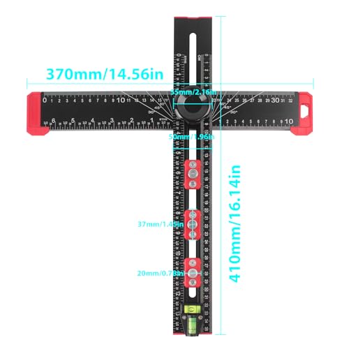 4-in-1 Aluminum Drilling Positioning Ruler, 16" Multifunctional T Square Ruler, Multi-Angle Adjustable Marking Gauge Tool, Cabinet Hardware Jig, Drilling Template for Door Holes