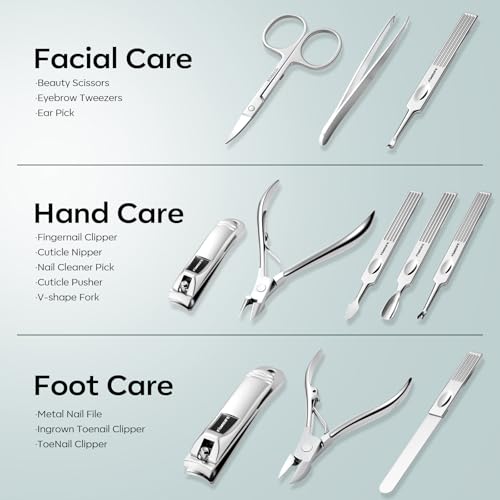 FAMILIFE Stainless Steel Manicure Set 11-in-1 Professional Nail Clipper Kit | Portable Leather Travel Case, Pedicure & Grooming Tools for Fingernails & Toenails, Luxury Gift for Men & Women, Peacock Blue - color: Blue