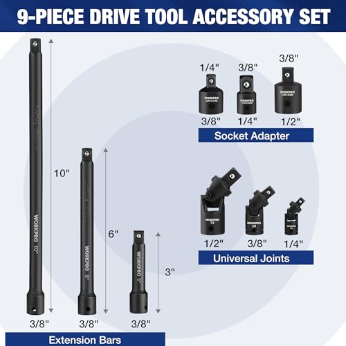WORKPRO 9-Piece Impact Socket Extension Set, 1/4", 3/8" & 1/2" Drive, CR-V - style: 9PCS