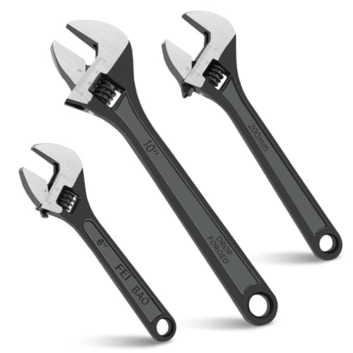3 Pcs Adjustable Wrench Set, 6" 8" 10" Wide Jaw, Black Oxide CR-V Steel