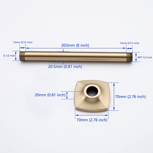 Shower Arm with Flange 8 Inches Ceiling Mount Straight Arm Ceiling-Mounted High Pressure Rain Brushed Gold,SW-91038-8BG. - color: R-angle Square Flange-8" Brushed Gold