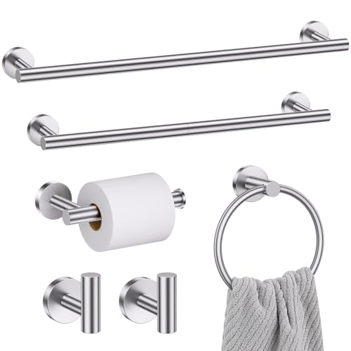 Brushed Nickel Bathroom Hardware Set, 6 Pieces Towel Bar Bathroom Accessories Set Toilet Paper Holder Towel Holder Towel Ring and Towel Hooks Wall Mounted, SUS304 Stainless Steel Towel Rack Set - color: Brushed Nickel, size: 6 Pieces