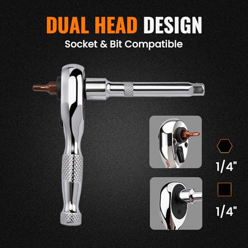 1/4" Stubby Ratchet Wrench & Bit Set, 90T Dual Head Mini Ratchet, Reversible Ratchet with 3" Extension Bar & 10-Piece Hex Bit Set for Tight Spaces - size: 1/4"