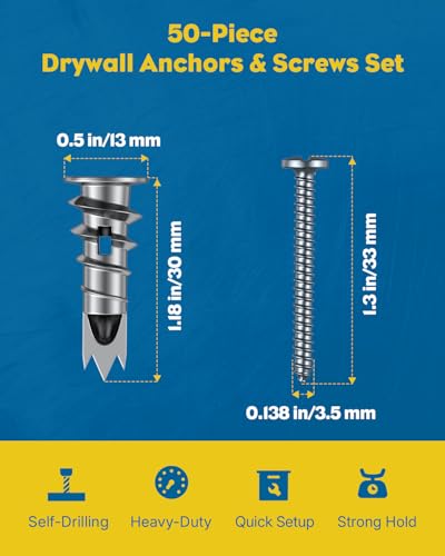 Vibit Self Drilling Drywall Anchors, Heavy Duty Wall Anchors for Drywall, Metal Dry Wall Anchors and Screws Kit, Zinc Alloy Sheetrock Anchors with #6 x 1 5/16" Screws, Picture Hanging Kit, 50 Pcs - size: 50 Pcs