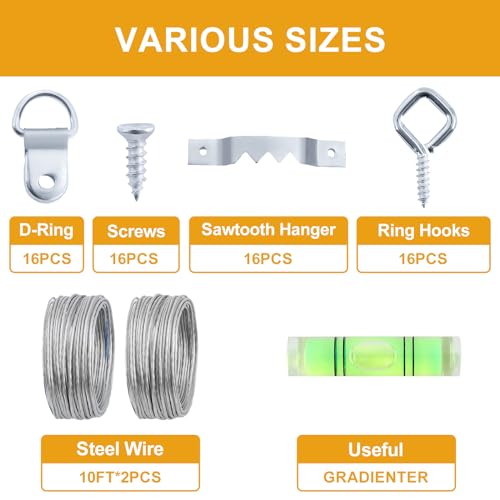 KURUI 303Pcs Picture Hanging Kit, Picture Hangers Assorted Kit with Heavy Duty Wall Hooks, Sawtooth, Picture Wire, D Rings, Hardware Nails, Eye Hooks, Silver Heavy Duty Frame Hooks (Pack of 2) - size: Silver (Pack of 2)