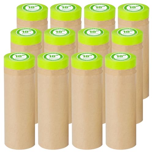 Tangibay Pre-Taped Masking Paper for Painting - 18 inch x 50 feet Tape and Drape Painters Paper, Paint Adhesive Protective Paper Roll for Covering Skirting, Frames, Cars and Auto Body (12 Rolls) - size: 12 Rolls: 18"