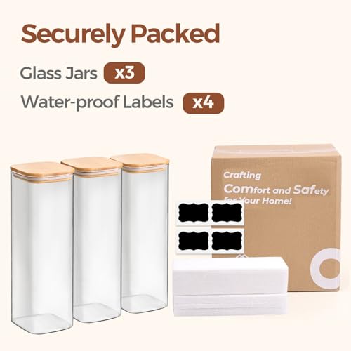 ComSaf Pasta Containers Storage 2.2 Qt, Spaghetti Jar, Set of 3 Tall Jars | Glass Storage Containers with Lids, 11.3-inch High Glass Kitchen Canisters Square, Cereal, Noodles, Oats, Dry Food, BPA Free - size: 2.2Qt*3