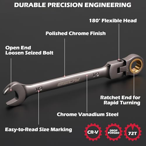 SEDY Premium 12-Piece SAE Flex-Head Ratchet Wrenches Set 1/4"-7/8" with Magnetic Organizer, Cr-V Steel Ratcheting Wrench Set with 72 Teeth 180° Flex Head, Ratchet Combination Wrench Set for Repair - style: 12-Piece Flex-Head (SAE)