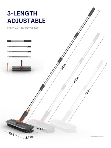 Floor Scrub Brush with Long Handle & Squeegee, 3 in 1 Floor Scrubber - color: Gray