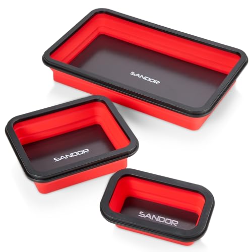 Collapsible Magnetic Parts Tray Set - 3 Different Size Tool Trays- Red - color: Red