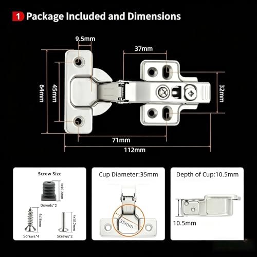 10 Pcs Full Overlay Frameless Soft Close Cabinet Hinges,105° 3-Way