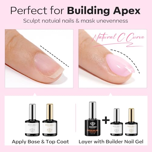 modelones Builder Nail Gel with Gel Base Top Coat, 3Pcs Baby Pink Builder - color: A3 Baby Pink Gel Builder with Base Top Coat, size: 0.5 Fl Oz (Pack of 3)