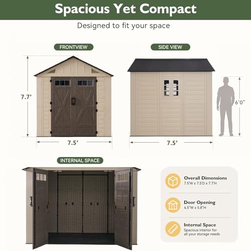 Aoxun 8x8 Ft Outdoor Storage Shed with Floor, Large Resin Outdoor Shed with Lockable Door & Windows, Garden HDPE Sheds for Lawn Tools, Pool Supplies & Bikes - size: 8x8