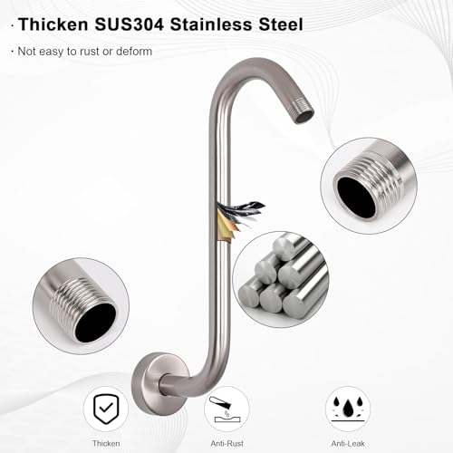 S Shaped Shower Arm, High Rise Shower Head Extension Pipe Standard 1/2" Connection with Flange, Awesome Shower Experience-Stainless Steel Bathroom Accessory(12 Inch S Shape, Brushed Nickel) - color: Brushed Nickel, style: 12" S Shape