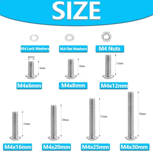 370pcs M4 Stainless Steel Screw Kit - Button Head Socket Cap Screws Bolts Washers Nuts (M4 x 6mm, 8mm, 12mm, 16mm, 20mm, 25mm, 30mm) - size: M4, style: Button Head Screws