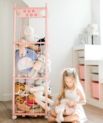 Mloong Stuffed Animal Zoo Storage, Pink Wood Stuffed Animal, Gift for Nursery Playroom Kidroom Bedroom (54inch) - color: Pink
