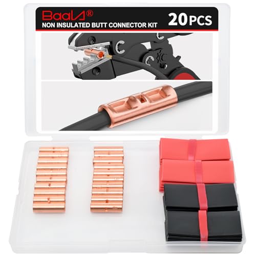 BAALA 20 PCS 8 Gauge Non-Insulated Butt Connectors Kit Bare Copper, 20PCS Seamless Barrel Crimp Butt Splice Connector Wire Connectors with 20PCS 3:1 Heat Shrink Tubes - color: Bare Copper
