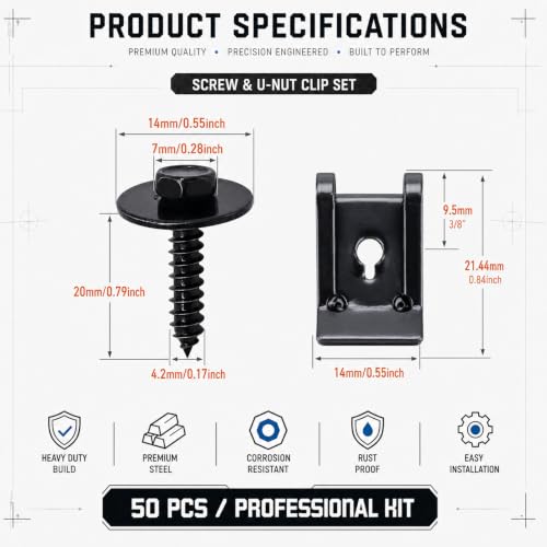100 Pieces M4.2 Universal Fender Liner Screws and U-Nut Kit, 50 Sets Automotive Body Fasteners, Fender Screws with U Clips for Splash Shield, Wheel Well Liner, Under Cover and Body Panel Repair - color: Black M4.2 x 1.4