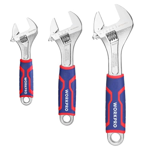 WORKPRO 3-Piece Adjustable Wrench Set, 6-inch, 8-inch, 10-inch | Cr-V Wide Jaw Wrench, Rubber Anti-Slip Grip, Metric/SAE Scales, Chrome Plated - size: 6, 8, 10 inch set