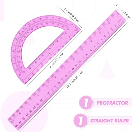 Zonon 2 Pcs 12 Inch Clear Ruler and 6 Inch Plastic Protractor Set, Pink - color: Pink