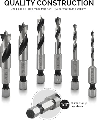 NEIKO 11401A 6 Piece Brad Point Drill Bit Set, Stubby Drill Bit Set for Wood, 1/4" Quick Change Hex Shank, HSS 4241 High Speed Steel for Quick Change Chucks and Drives, Drill Bit Holder Included - size: 6 Piece, style: Stubby