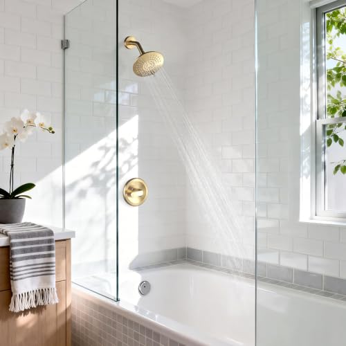 Shower Faucet with Valve, Bathroom Shower Faucet Kit, Solid Brass Shower Head Faucet Set Complete, Single Handle Rain Shower Head Trim Kit for Bathroom, Brushed Gold - color: Brushed Gold