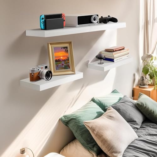 AMADA HOMEFURNISHING Floating Shelves Wall Mounted, 15 x 7 Inch Wall Shelves for Bathroom, Bedroom, Living Room, White Shelves Set of 2 | Wall Shelves with Hidden Bracket, Solid MDF Wood, 22 lbs Max Load per Shelf, Easy to Assemble, Multi-Wall Compatible